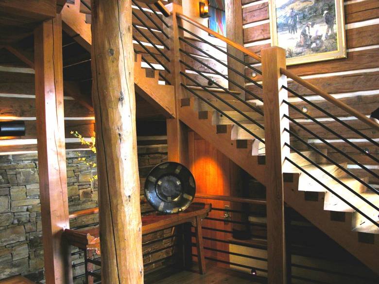Stairway Constructed with Big Antique Oak Timbers
